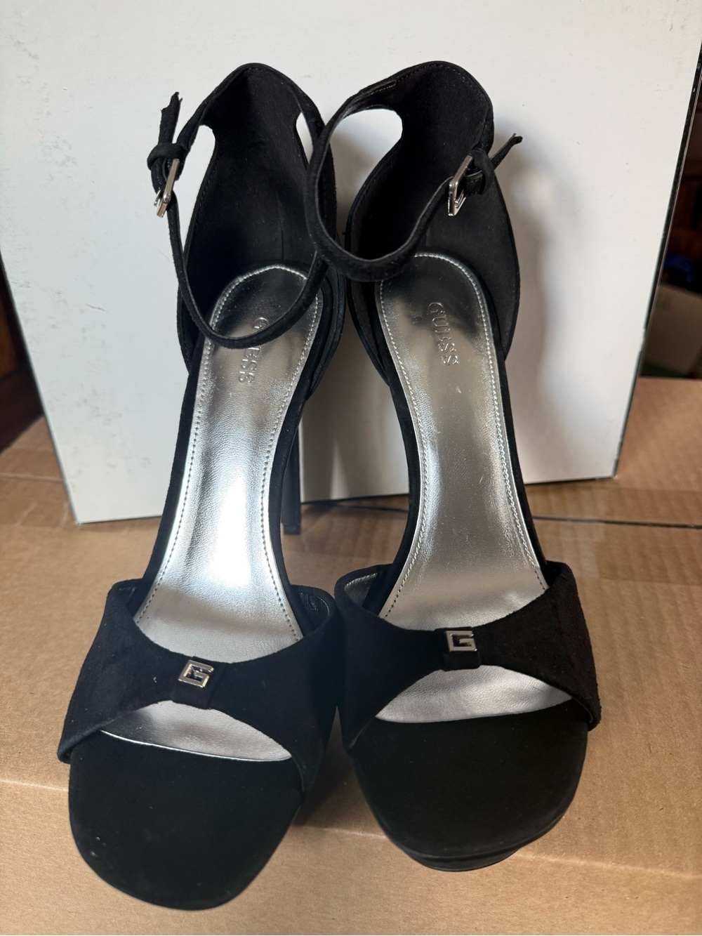 Guess Black Suede Ankle-Strap Platform Heels